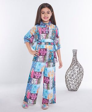 Ministitch Cotton Three Fourth Bat Wing Sleeves Floral & Paisleys Printed Coordinating Top & Pant Set - Multi Colour