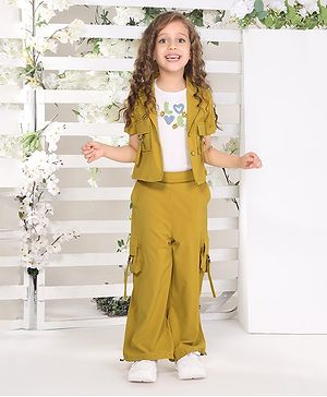 Ministitch Cotton Silk Woven Half Sleeves typo Embriodered Top jacket and pant Set- Olive