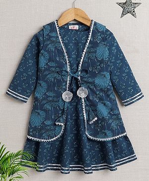 The Magic Wand Cotton Three Forth Sleeves Floral Printed & Lace Embellished Dress With Coordinating Jacket - Blue