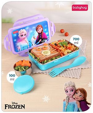 Babyhug Disney Frozen 3D Stainless Steel Lunch box with inner container,700ml & 100ml, Airtight Lunch for School Kids|BPA Free|100% Food Grade|Dishwasher Safe|Reusable|Recyclable- Lavender