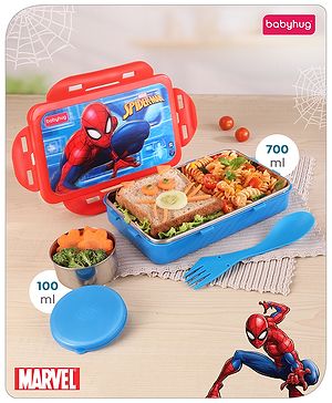 Babyhug Marvel Spiderman  3D Stainless Steel Lunch box with inner container,700ml & 100ml, Airtight Lunch for School Kids|BPA Free|100% Food Grade|Dishwasher Safe|Reusable|Recyclable- Red