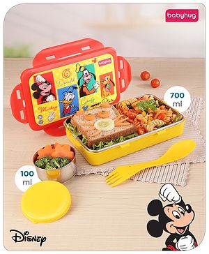 Babyhug Disney Mickey & Friends  3D Stainless Steel Lunch box with inner container,700ml & 100ml, Airtight Lunch for School Kids|BPA Free|100% Food Grade|Dishwasher Safe|Reusable|Recyclable- Yellow