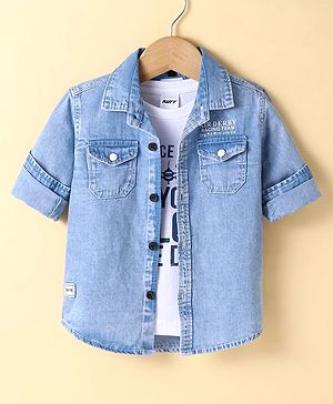 Ruff Woven Full Sleeves Text Print Denim Shirt With T-Shirt - Light Blue