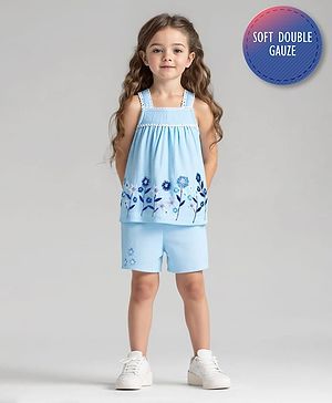 Bonfino 100% Cotton Knit Singlet Sleeves Top & Shorts Set with Floral Embroidery - Light Blue