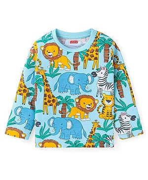 Babyhug Cotton Knit Full Sleeves T-Shirt With Animal Print - Light Blur