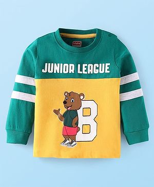 Babyhug Cotton Knit Full Sleeves T-Shirt With Text Print & Cut & Sew Design - Green & Yellow
