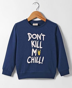 Lazy Bones Looper Knit Full Sleeves T-Shirt With Text Print - Navy Blue