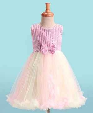 Babyhug Sleeveless Fit & Flared Sequined Yoke Ruffled Dress with Bow Applique - Pink