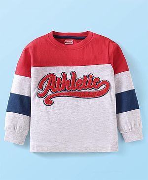 Babyhug Cotton Knit Full Sleeves T-Shirt With Text Exmbroidery - Light Grey & Red