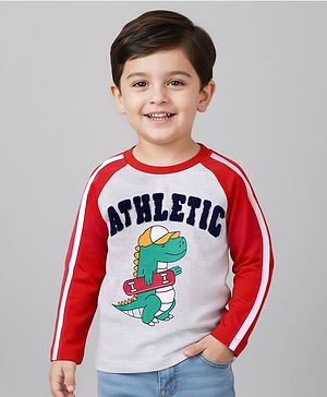 Babyhug Cotton Knit Full Raglan Sleeves T-Shirt with Dino Graphics - Red & Grey