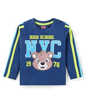 Babyhug Cotton Knit Full Sleeves Text & Animal Printed T-Shirt with Tape Detailing - Navy Blue