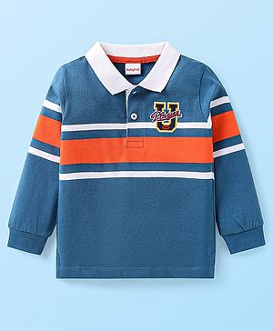 Babyhug Cotton Knit Full Sleeves Polo T-Shirt with Text Embroidery - Blue & Red