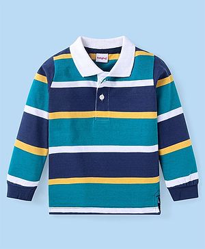 Babyhug Cotton Knit Full Sleeves Striped Polo T-Shirt - Navy Blue & Green