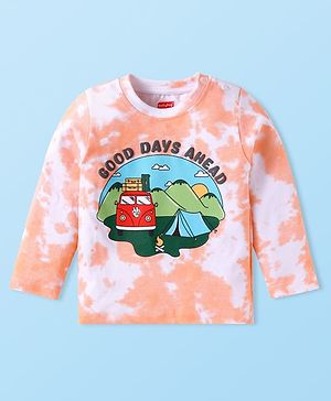 Babyhug Cotton Knit Half Sleeves Tie & Dyed T-Shirt with Camper Van Print - Light Peach