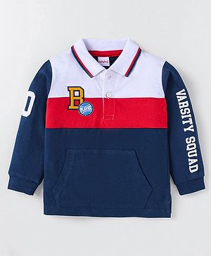 Babyhug Cotton Knit Full Sleeves Polo T-Shirt With Kangaroo Pockets & Text Embroidery - Navy Blue