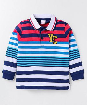 Babyhug Cotton Knit Full Sleeves Polo T-Shirt With Strips & Text Print - Blue