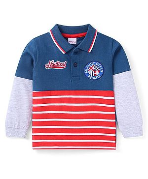 Babyhug Cotton Knit Full Doctor Sleeves Polo T-Shirt With Patch Embroidery - Navy Blue