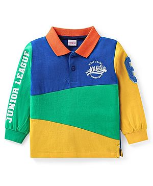 Babyhug Cotton Knit Full Sleeves Polo T-Shirt With Cut & Sew Design & Text Print - Green Yellow & Blue