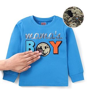 Babyhug Cotton Knit Full Sleeves T-Shirt With Reversible Sequin Embroidery - Blue