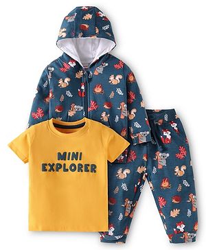 Babyhug Terry Knit Full Sleeves Hooded Sweatjacket & Lounge Pant Set With T-Shirt & Animal Print - Navy Blue & Yellow