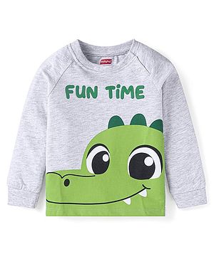 Babyhug Cotton Knit Raglan Full Sleeves T-Shirt With Dino Print - Grey