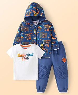 Babyhug Terry Knit Full Sleeves Sport Theme Printed Hooded Jacket with Cut & Sew Pattern Lounge Pant & T-Shirt - Navy Blue & White