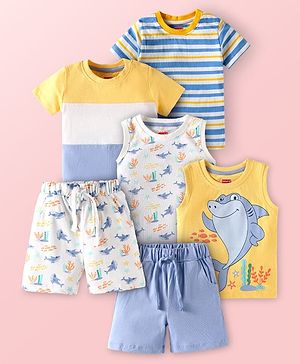 Babyhug Single Jersey Knit Half Sleeves T-Shirts & Shorts With Sando Vests & Shark Print Pack of 6 - Multi Colour