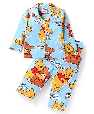 Babyhug Disney Cotton Woven Full Sleeves Front Open Night Suit with Winnie the Pooh Graphics - Light Blue