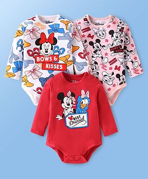Babyhug Disney Interlock Knit Full Sleeves Onesies With Minnie Mouse Graphics Pack of 3 - Red White & Pink
