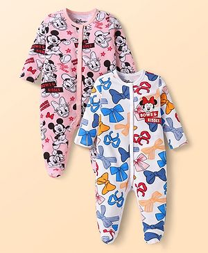 Babyhug Disney Interlock Knit Full Sleeves Footed Sleep Suits with Minnie Mouse Graphics Pack of 2 - Pink & White