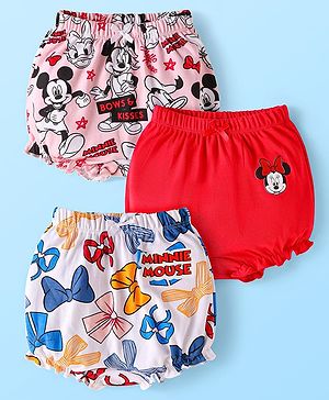 Babyhug Disney Single Jersey Knit Bloomers with Minnie Mouse Graphics Pack of 3 - Red White & Pink