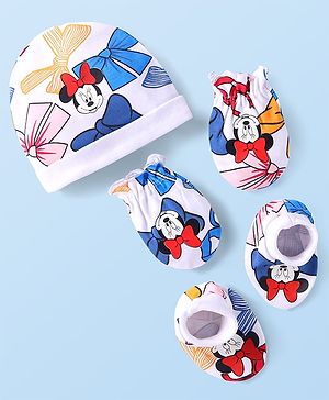 Babyhug Disney Interlock Knit Cap Mittens & Booties Set with Minnie Mouse Graphics - White