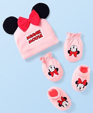 Babyhug Disney Interlock Knit Cap Mittens & Booties Set with Minnie Mouse Graphics & Bow Applique Pink - Diameter 10 cm