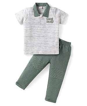 Babyhug Single Jersey Knit Half Sleeves Polo T-Shirt & Lounge Pant With Text Print - White & Olive Green