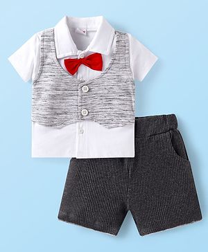 Babyhug Single Jersey Knit Half Sleeves Shirt & Shorts Set With Bow Applique - White & Black