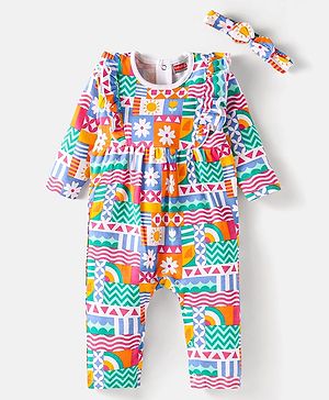 Babyhug Interlock Knit Full Sleeves Romper With Floral Print & Hairband - Green