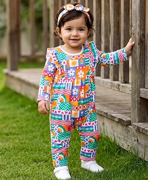 Babyhug Interlock Knit Full Sleeves
                              Romper With Floral Print & Hairband -
                              Green