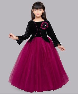 PinkChick Full Sleeves Net Gown With Bow Applique Detailed Jacket Set  - Burgundy