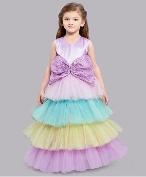 PinkChick Sleeveless Sequins Embellished Bow Applique Detailed & Colour Blocked Layered Gown - Multi Colour