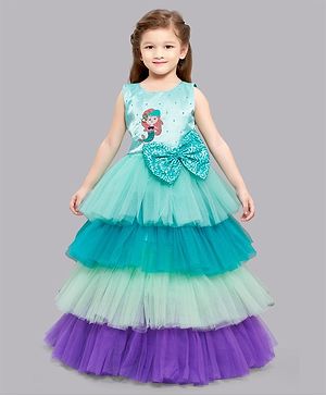 PinkChick Satin Sleeveless Mermaid Shaped Sequins Embellished Bow Applique Detailed & Colour Blocked Gown - Sea Green