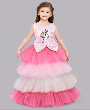 PinkChick Satin Sleeveless Unicorn Shaped Sequins Embellished Bow Applique Detailed & Colour Blocked Gown - Pink