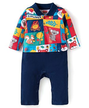 Babyhug Interlock Knit Full Sleeves Romper With Animal Print - Navy Blue