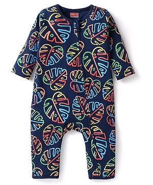 Babyhug 100 % Cotton Knit Full Sleeves Printed Romper - Navy Blue