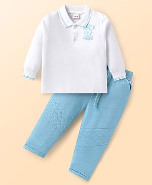 Babyhug Single Jersey Knit Collar Front-Buttons T-Shirt with Daddy Champ Embroidered and Joggers Set - Light Blue
