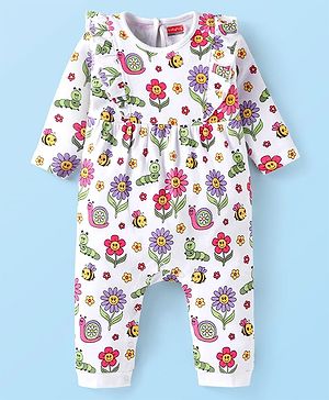 Babyhug 100 % Cotton Knit Full Sleeves Romper with Floral Print & Frill Detailing - White