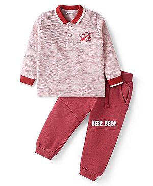 Babyhug Single Jersey Knit Full Sleeves Collared T-Shirt & Cut & Sew Joggers - Red & White