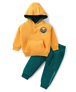 Babyhug Terry Knit Full Sleeves Hooded Sweatshirt & Lounge Pant Set With Adventure Print & Patch & Kangaroo Pockets - Yellow & Green