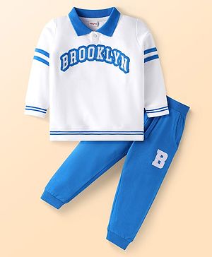 Babyhug Terry Knit Full Sleeves T-Shirt & Joggers Set with Text Patch Detailing - Blue & White