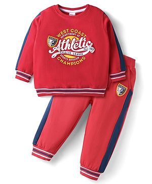 Babyhug Terry Knit Full Sleeves Text Printed T-Shirt & Joggers Set - Red & Blue