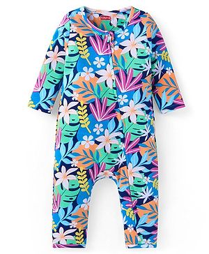 Babyhug 100% Cotton Knit Full Sleeves Front Open Romper with Tropical Theme Print - Navy Blue